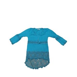 Turquoise Blue Crochet‎ Lace Trim Tunic Blouse Boho Beach Cover Up Women